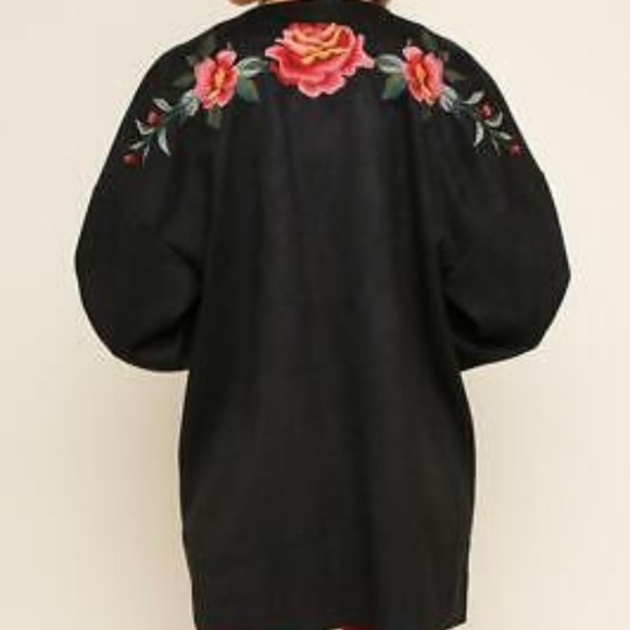 Umgee faux suede floral embroidered open front jacket - Picture 3 of 8